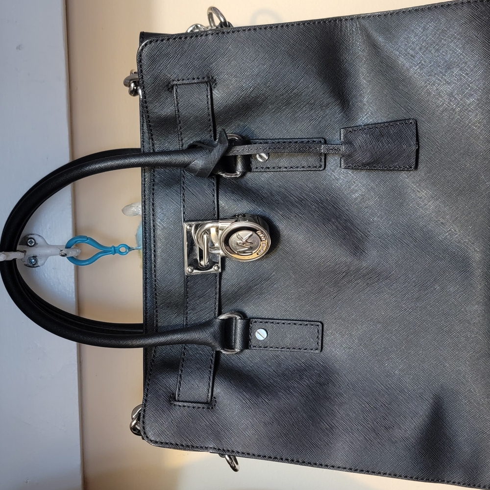 Michael Kors Black Hamilton Saffiano Leather Tote with Silver Lock